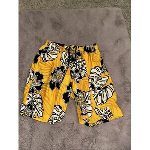 Speedo Men's Tropical Leaf Print Swim Trunks Size L Gold Pockets Mesh Lining